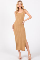 Taupe Rib Knit Side Slit Maternity Maxi Dress