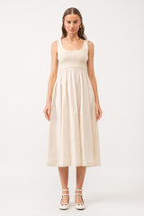 Beige Sleeveless A-line Maternity Midi Dress