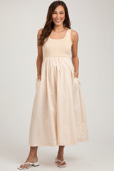 Beige Sleeveless A-line Maternity Midi Dress