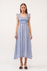 Blue Polka Dot Smocked Maternity Midi Dress