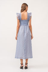 Blue Polka Dot Smocked Midi Dress