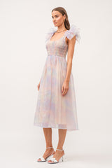 Multicolor Pastel Smocked Flutter Midi Dress