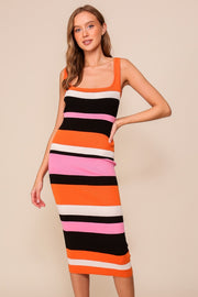 Orange Striped Sweater Square Neck Midi Dress