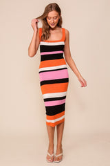 Orange Striped Sweater Square Neck Midi Dress