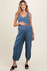 Blue Loose Fit Sleeveless Maternity Jumpsuit