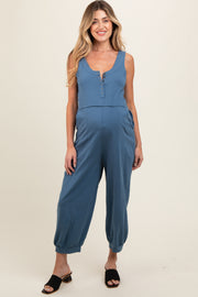 Blue Loose Fit Sleeveless Maternity Jumpsuit