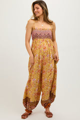 Yellow Floral Border Print Smocked Shoulder Tie Maternity Jumpsuit