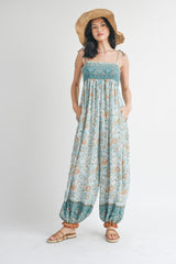 Light Blue Floral Border Print Smocked Shoulder Tie Maternity Jumpsuit