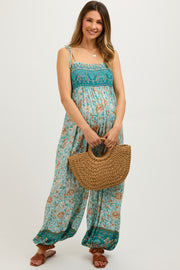 Light Blue Floral Border Print Smocked Shoulder Tie Maternity Jumpsuit