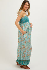 Light Blue Floral Border Print Smocked Shoulder Tie Maternity Jumpsuit