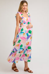 White Watercolor Print Ruffle Accent Maternity Midi Dress