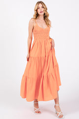 Orange Smocked V-Neck Sleeveless Tiered Midi Dress