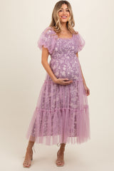 Mauve Floral Lined Smocked Tulle Maternity Midi Dress