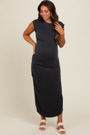 Black Ruched Side Slit Maternity Midi Dress