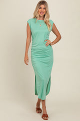 Green Ruched Side Slit Maternity Midi Dress