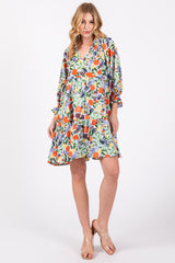 Light Blue Fruit Print Long Sleeve Tiered Dress