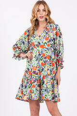 Light Blue Fruit Print Long Sleeve Tiered Dress