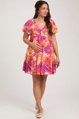 Magenta Floral Puff Sleeve Maternity Dress