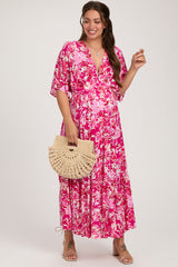 Fuchsia Floral Dolman Sleeve Tiered Maternity Maxi Dress