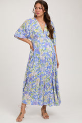 Blue Floral Dolman Sleeve Tiered Maternity Maxi Dress