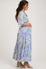 Blue Floral Dolman Sleeve Tiered Maternity Maxi Dress