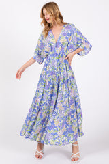 Blue Floral Dolman Sleeve Tiered Maternity Maxi Dress