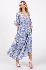 Blue Floral Dolman Sleeve Tiered Maxi Dress