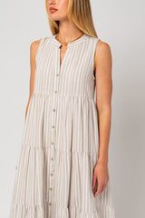 Taupe Striped Sleeveless Tiered Linen Midi Dress