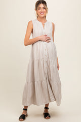 Taupe Striped Sleeveless Tiered Linen Maternity Midi Dress