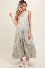 Sage Striped Sleeveless Tiered Linen Maternity Midi Dress