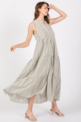 Sage Striped Sleeveless Tiered Linen Midi Dress