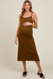 Olive Square Neck Ribbed Sleeveless Maternity Midi Dress