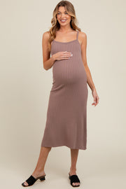 Mocha Square Neck Ribbed Sleeveless Maternity Midi Dress