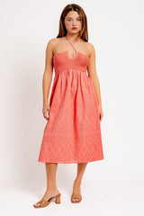 Coral Eyelet Crochet Halter Maternity Dress