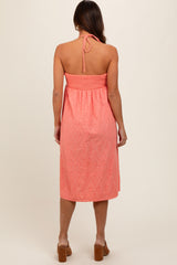 Coral Eyelet Crochet Halter Maternity Dress