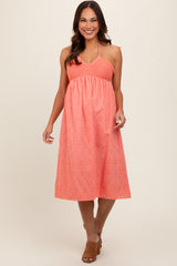 Coral Eyelet Crochet Halter Maternity Dress