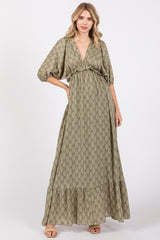 Olive Deep V-Neck Short Puff Sleeve Ruffle Maxi Dress