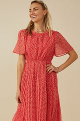 Red Ditsy Floral Pleated Midi Dress