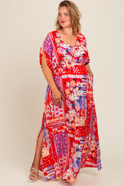 Red Mixed Print Bell Sleeve Plus Maternity Maxi Dress