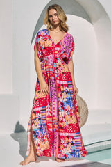 Red Mixed Print Bell Sleeve Maxi Dress