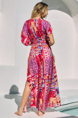 Red Mixed Print Bell Sleeve Maxi Dress