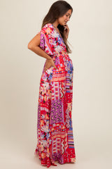 Red Mixed Print Bell Sleeve Maternity Maxi Dress