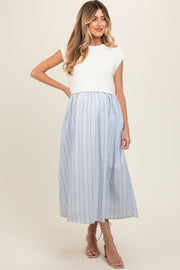 Light Blue Knit Striped Skirt Pocketed Sleeveless Maternity Midi Dress