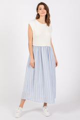 Light Blue Knit Striped Skirt Pocketed Sleeveless Midi Dress