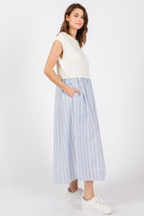 Light Blue Knit Striped Skirt Pocketed Sleeveless Midi Dress