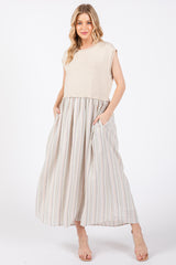 Sage Knit Striped Skirt Pocketed Sleeveless Midi Dress