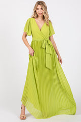 Lime Chiffon Wrap Front V-Neck Short Sleeve Pleated Maxi Dress