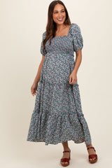 Navy Floral Smocked Tiered Puff Sleeve Maternity Maxi Dress