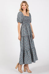 Navy Floral Smocked Tiered Puff Sleeve Maxi Dress