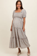 Mint Floral Smocked Tiered Puff Sleeve Maternity Maxi Dress